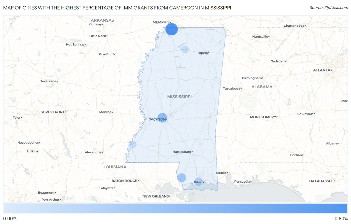 Cities with the Highest Percentage of Immigrants from Cameroon in Mississippi Map