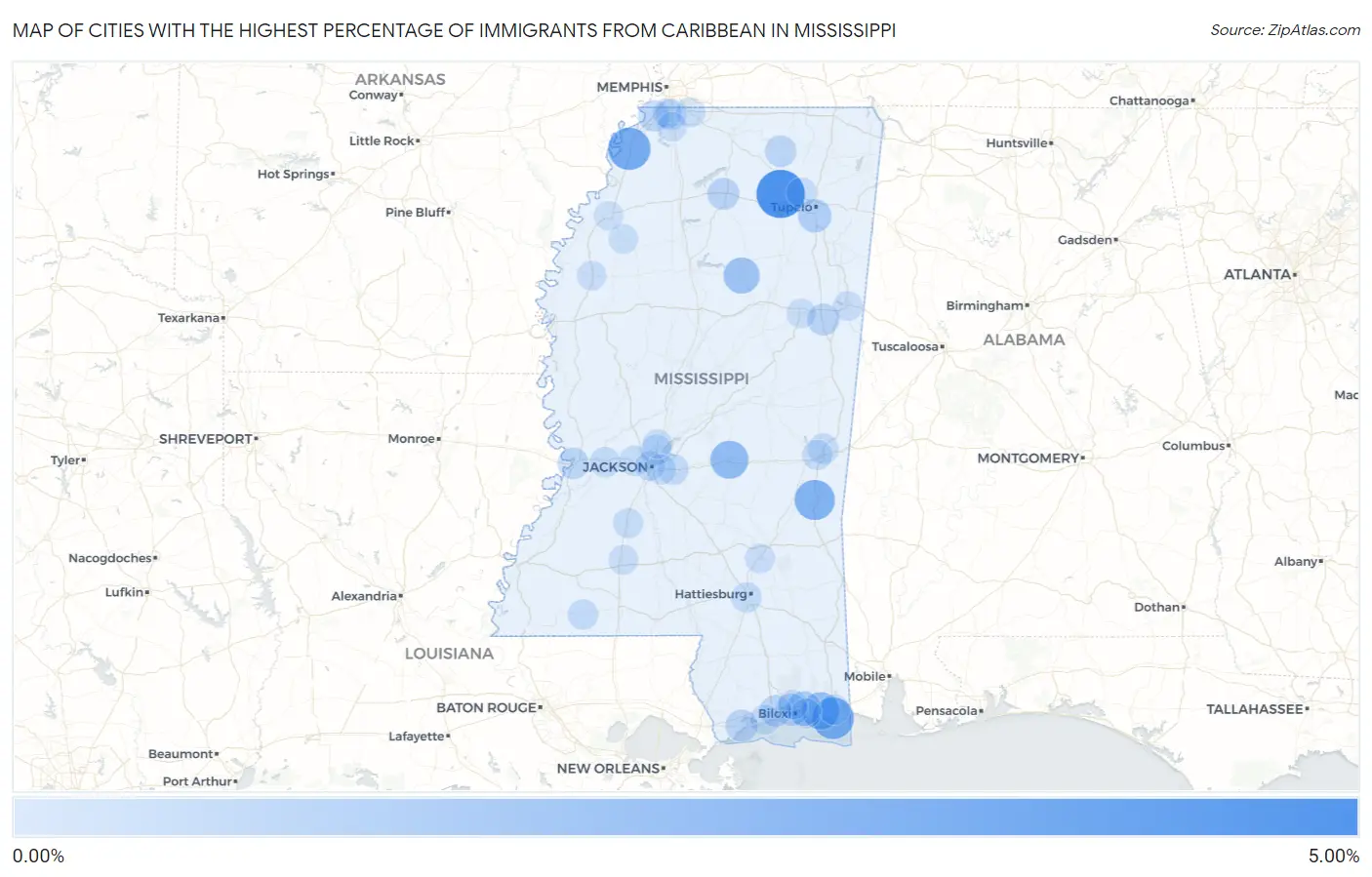 Cities with the Highest Percentage of Immigrants from Caribbean in Mississippi Map