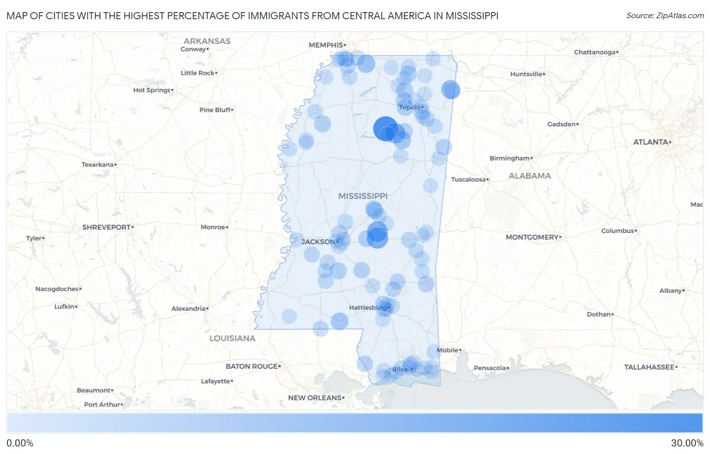 Cities with the Highest Percentage of Immigrants from Central America in Mississippi Map