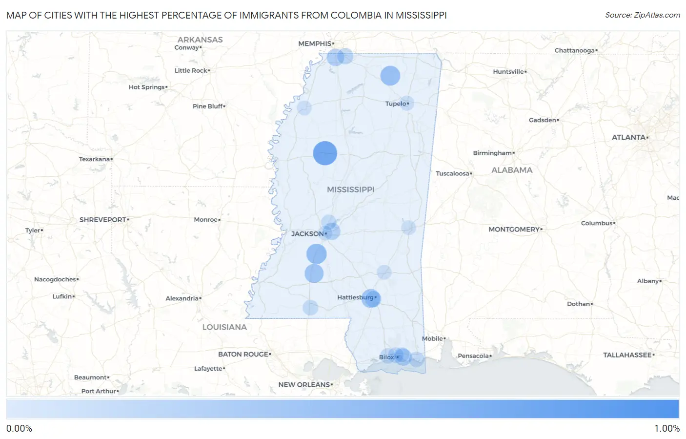 Cities with the Highest Percentage of Immigrants from Colombia in Mississippi Map