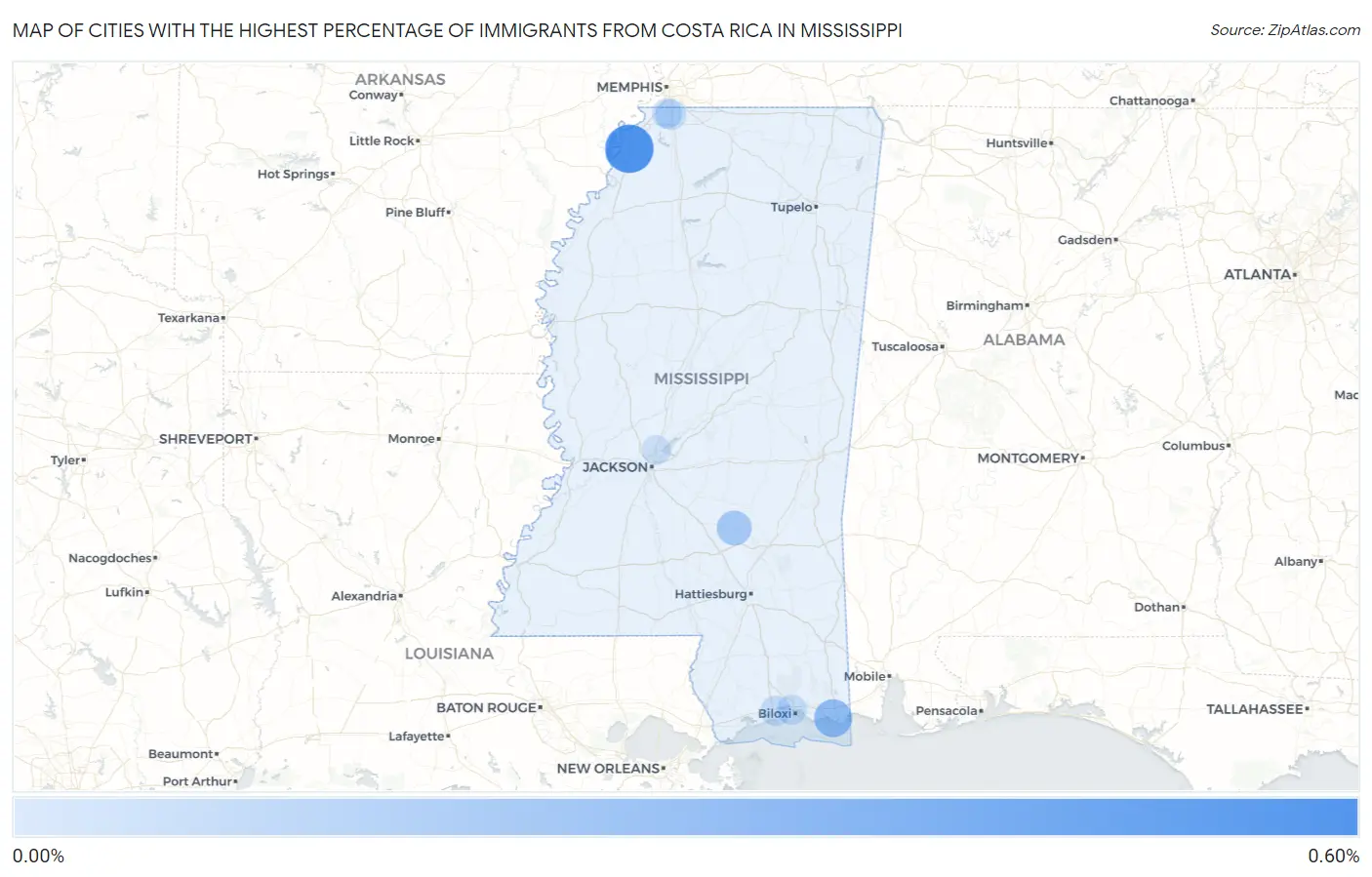 Cities with the Highest Percentage of Immigrants from Costa Rica in Mississippi Map