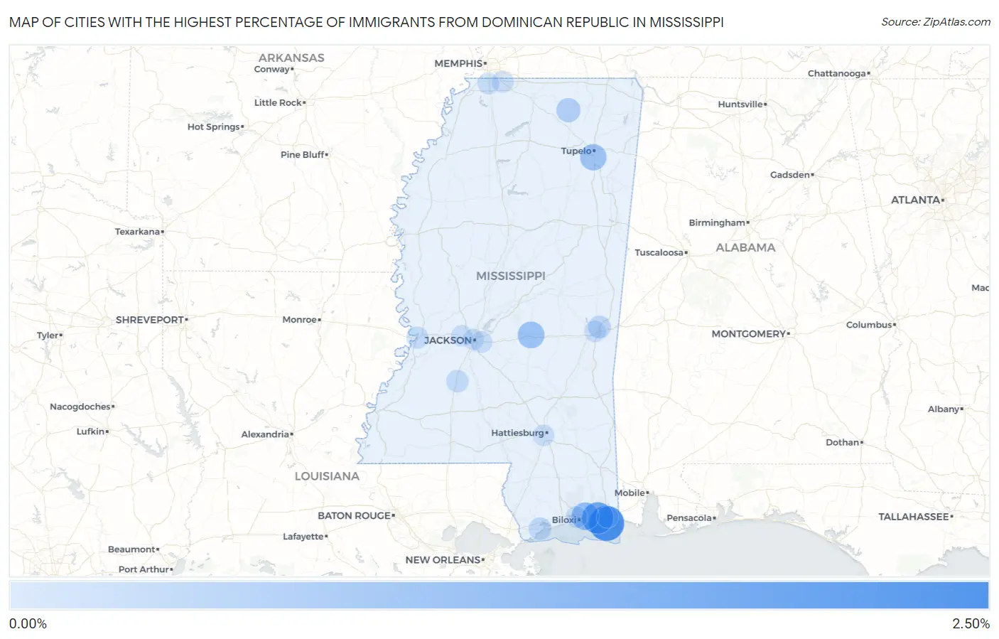 Cities with the Highest Percentage of Immigrants from Dominican Republic in Mississippi Map