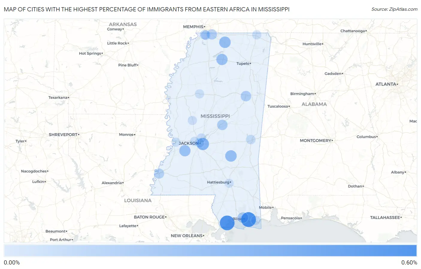 Cities with the Highest Percentage of Immigrants from Eastern Africa in Mississippi Map