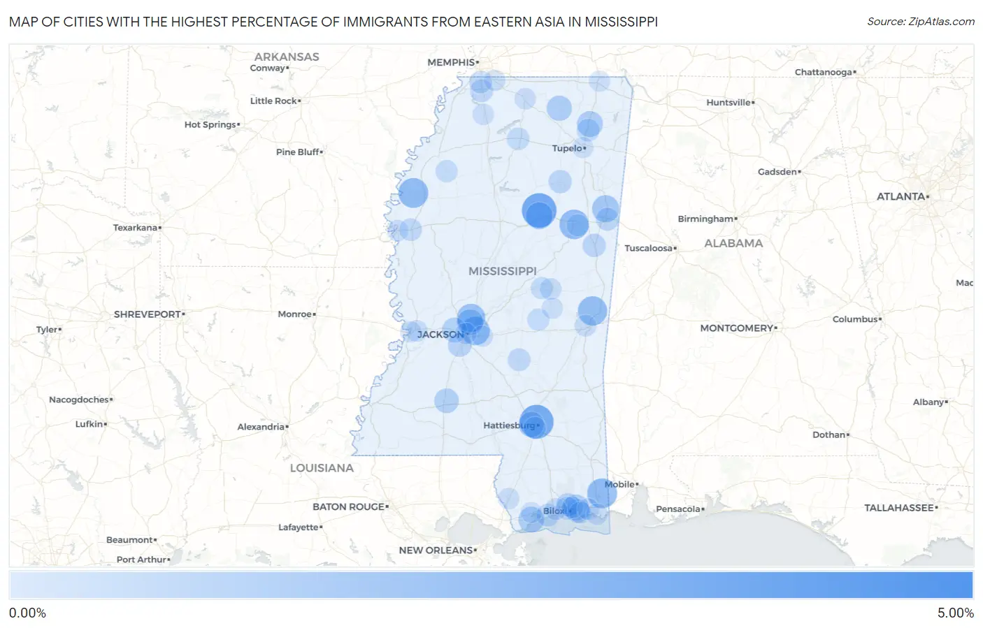 Cities with the Highest Percentage of Immigrants from Eastern Asia in Mississippi Map