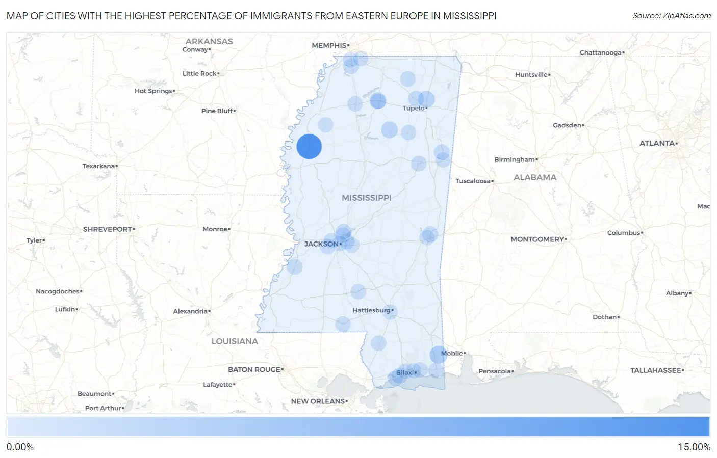 Cities with the Highest Percentage of Immigrants from Eastern Europe in Mississippi Map
