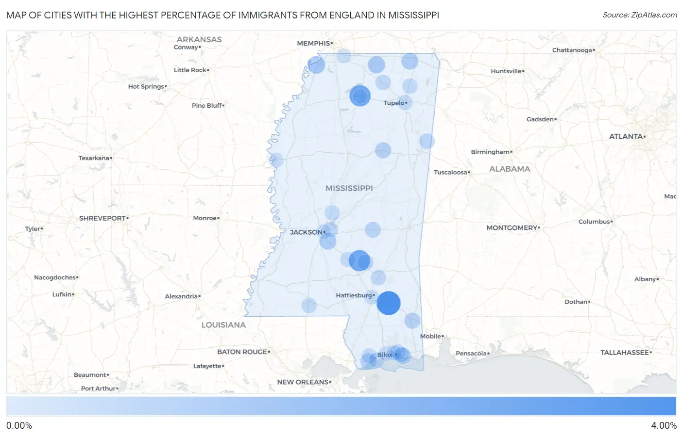 Cities with the Highest Percentage of Immigrants from England in Mississippi Map