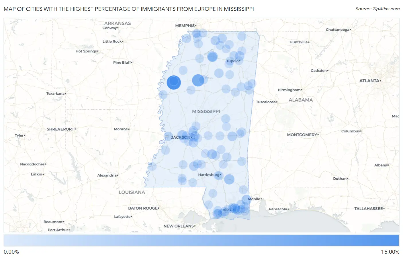 Cities with the Highest Percentage of Immigrants from Europe in Mississippi Map