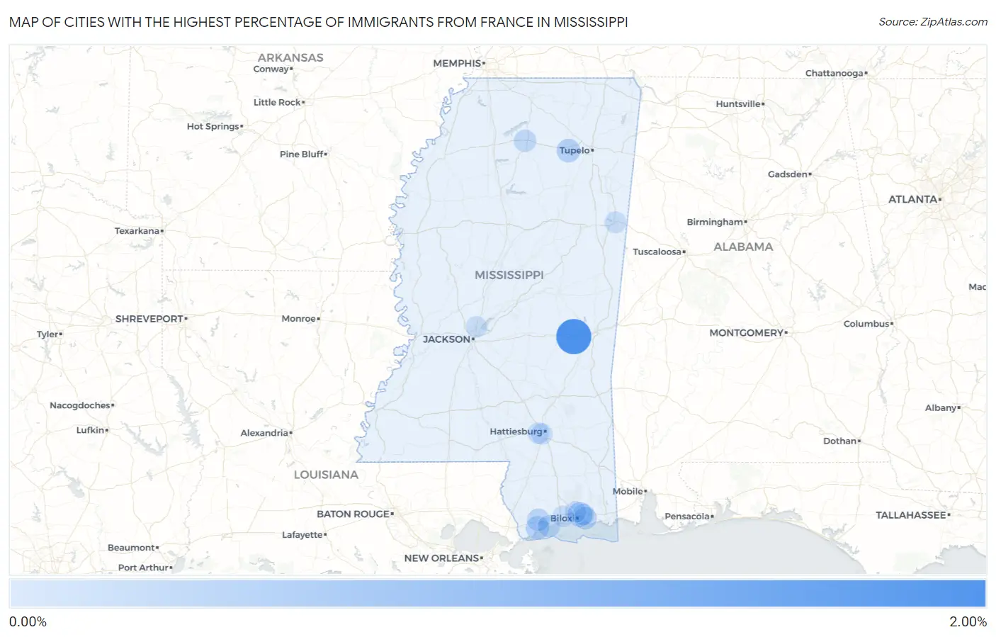 Cities with the Highest Percentage of Immigrants from France in Mississippi Map