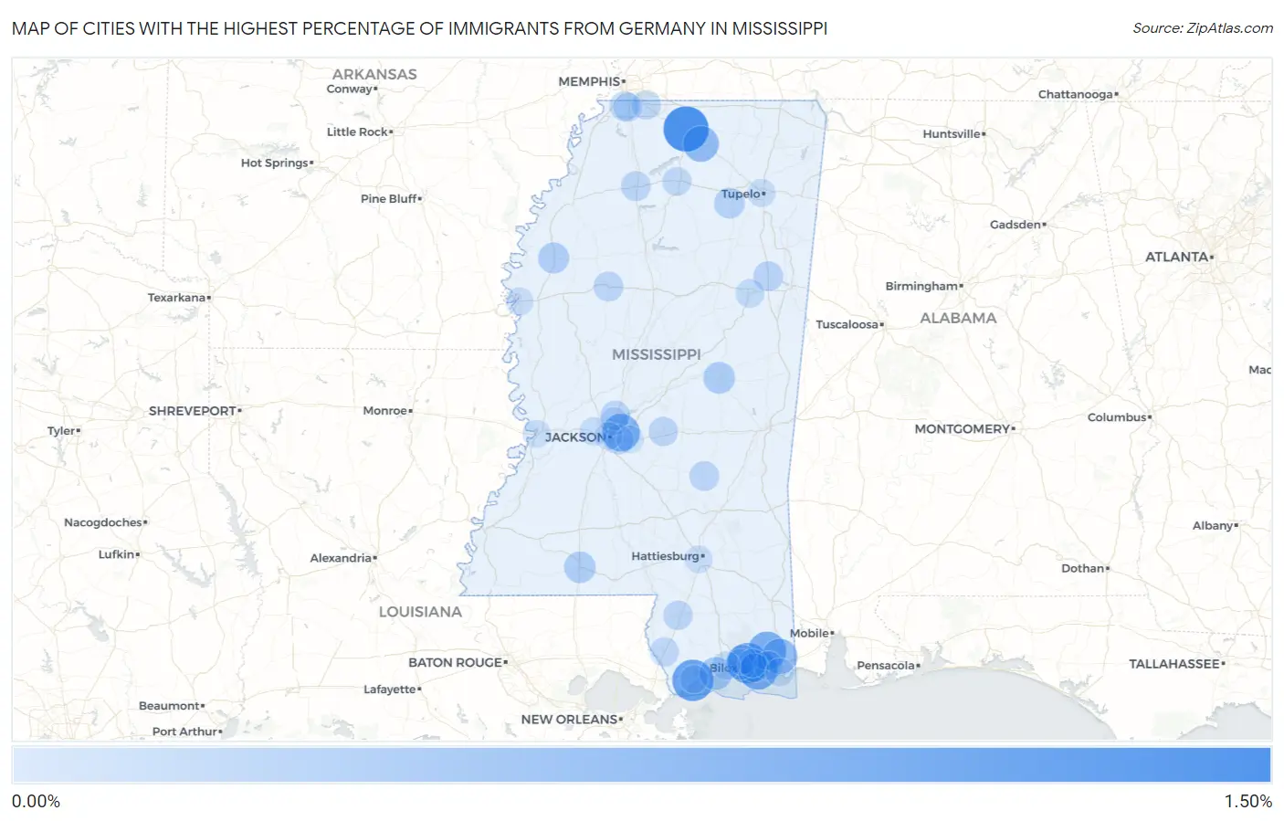Cities with the Highest Percentage of Immigrants from Germany in Mississippi Map