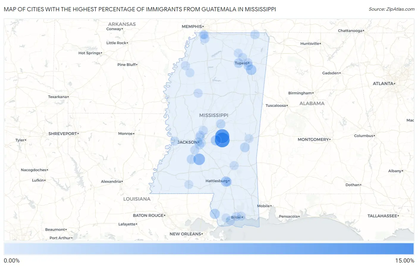 Cities with the Highest Percentage of Immigrants from Guatemala in Mississippi Map