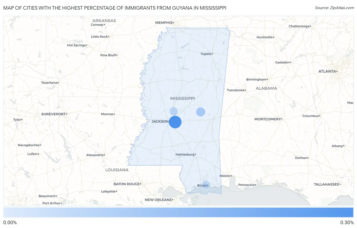 Cities with the Highest Percentage of Immigrants from Guyana in Mississippi Map