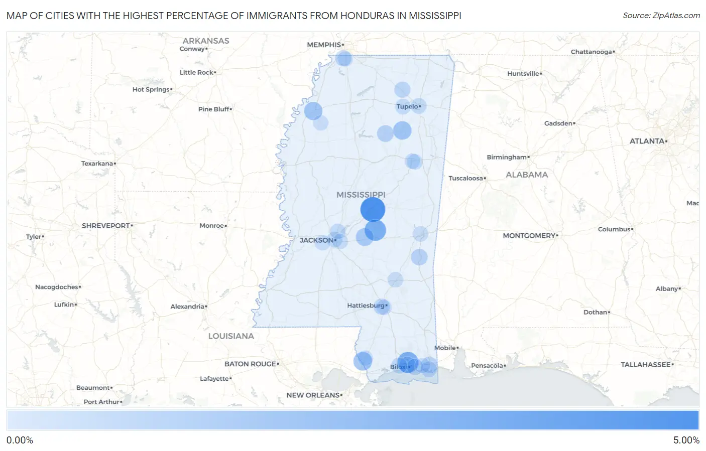 Cities with the Highest Percentage of Immigrants from Honduras in Mississippi Map