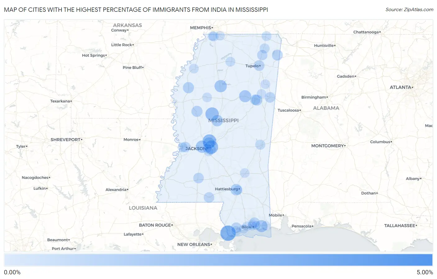 Cities with the Highest Percentage of Immigrants from India in Mississippi Map