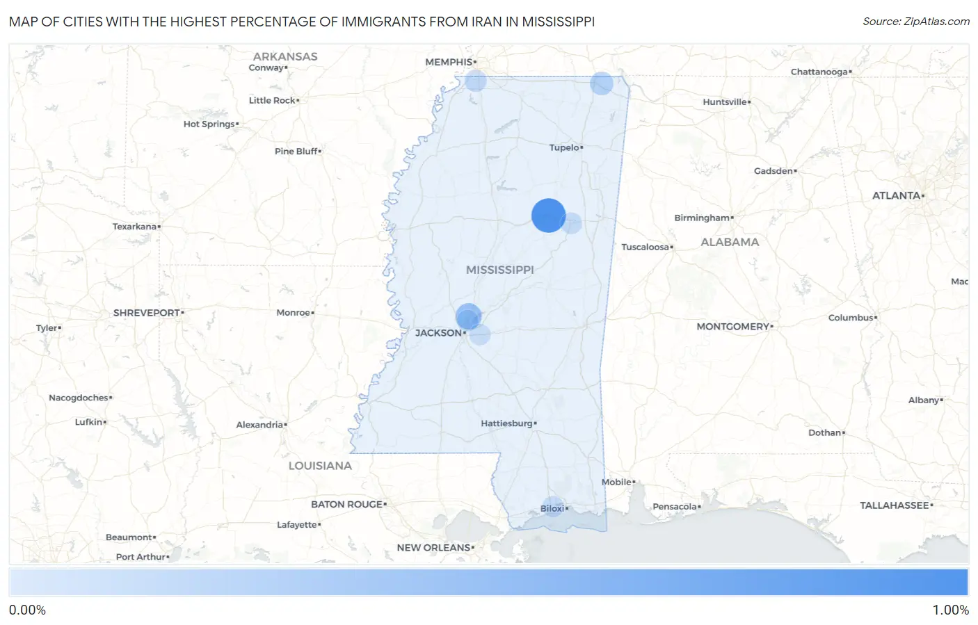 Cities with the Highest Percentage of Immigrants from Iran in Mississippi Map
