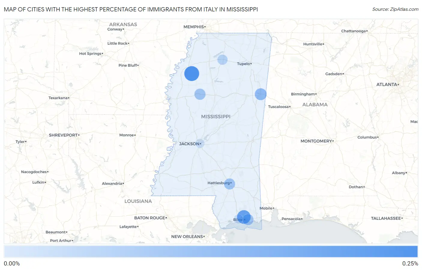 Cities with the Highest Percentage of Immigrants from Italy in Mississippi Map
