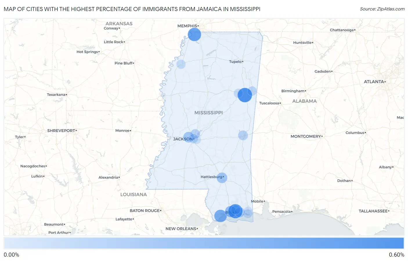 Cities with the Highest Percentage of Immigrants from Jamaica in Mississippi Map