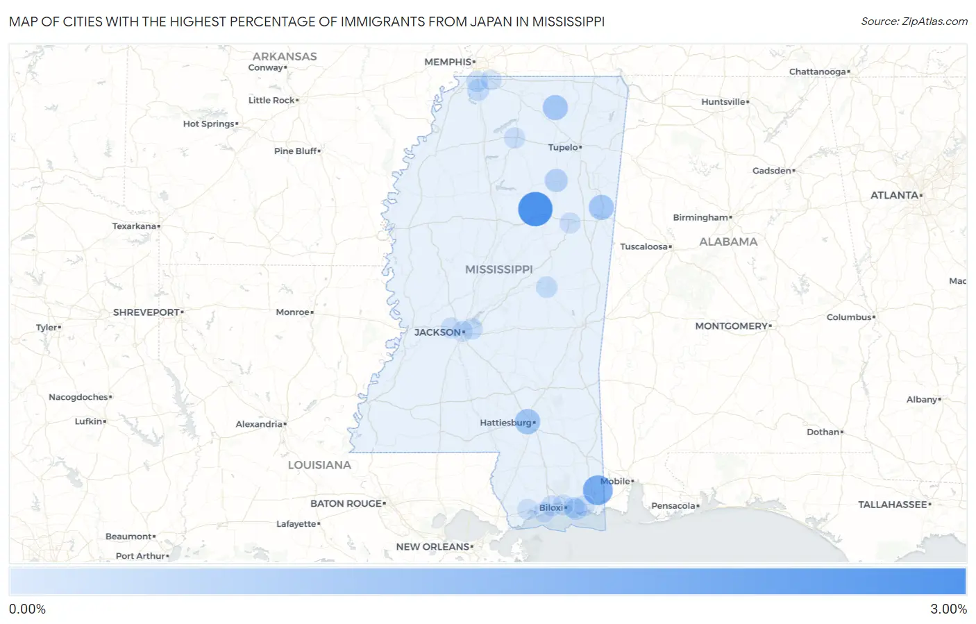 Cities with the Highest Percentage of Immigrants from Japan in Mississippi Map