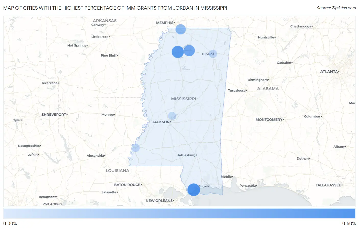 Cities with the Highest Percentage of Immigrants from Jordan in Mississippi Map
