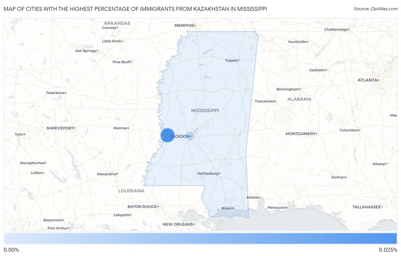 Cities with the Highest Percentage of Immigrants from Kazakhstan in Mississippi Map