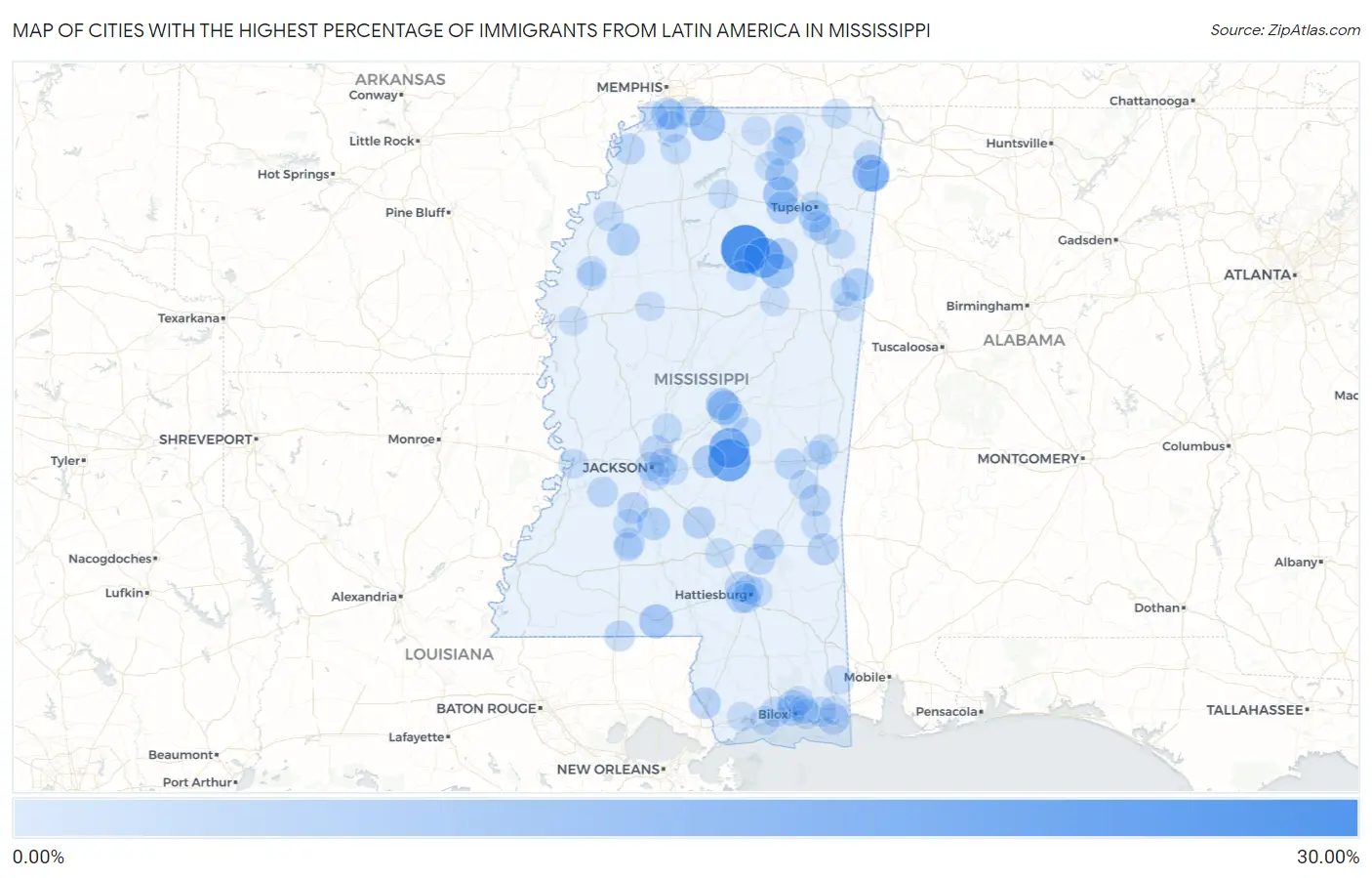 Cities with the Highest Percentage of Immigrants from Latin America in Mississippi Map