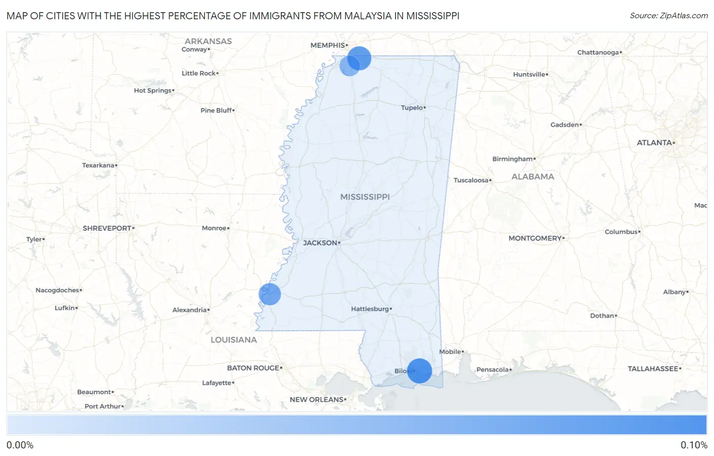 Cities with the Highest Percentage of Immigrants from Malaysia in Mississippi Map