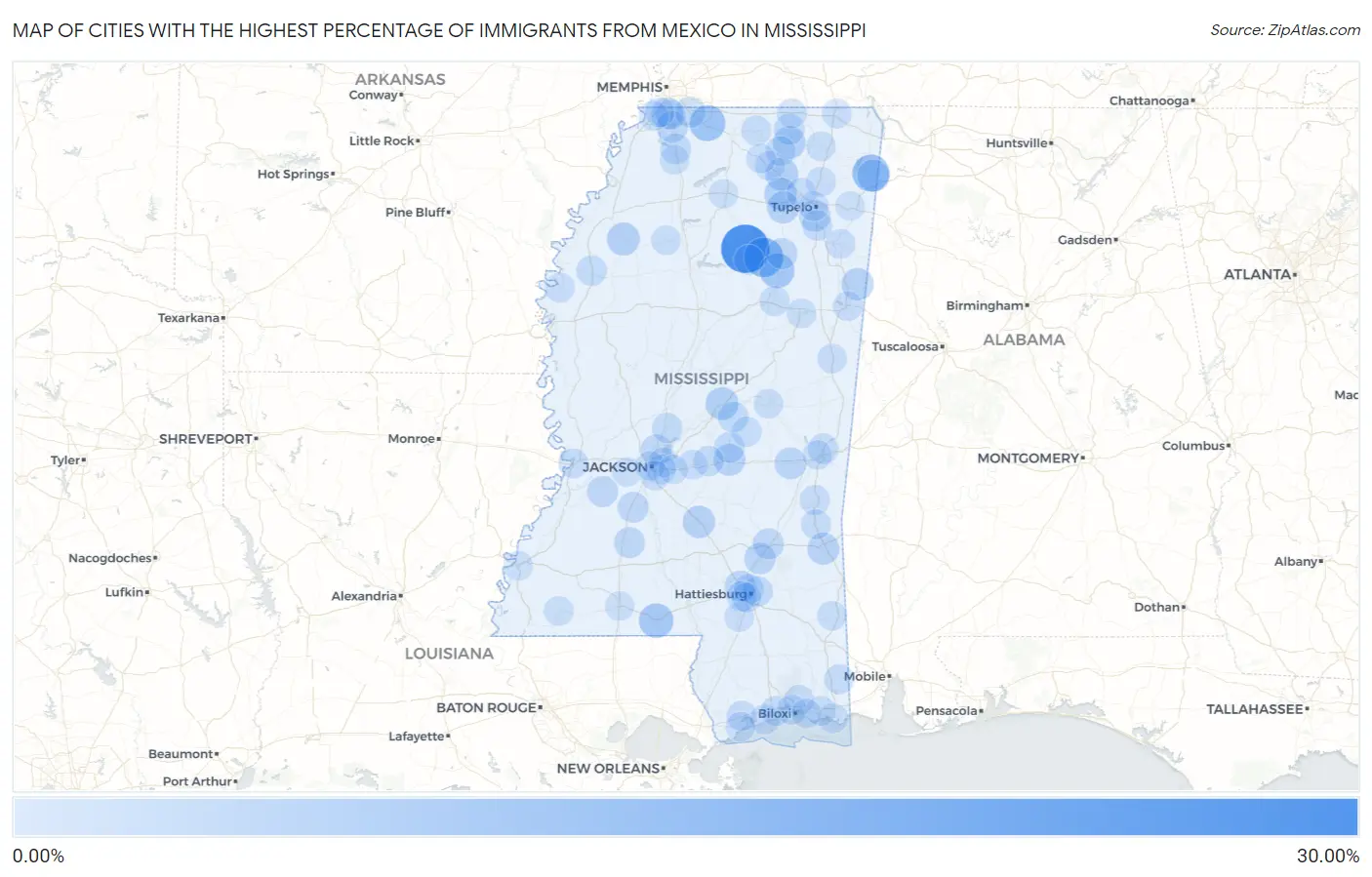 Cities with the Highest Percentage of Immigrants from Mexico in Mississippi Map