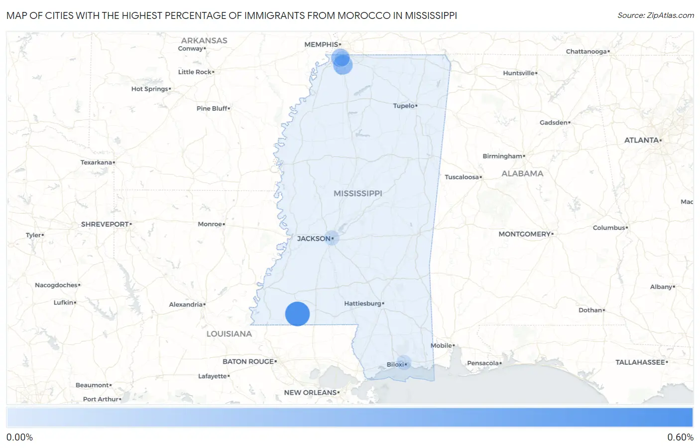 Cities with the Highest Percentage of Immigrants from Morocco in Mississippi Map