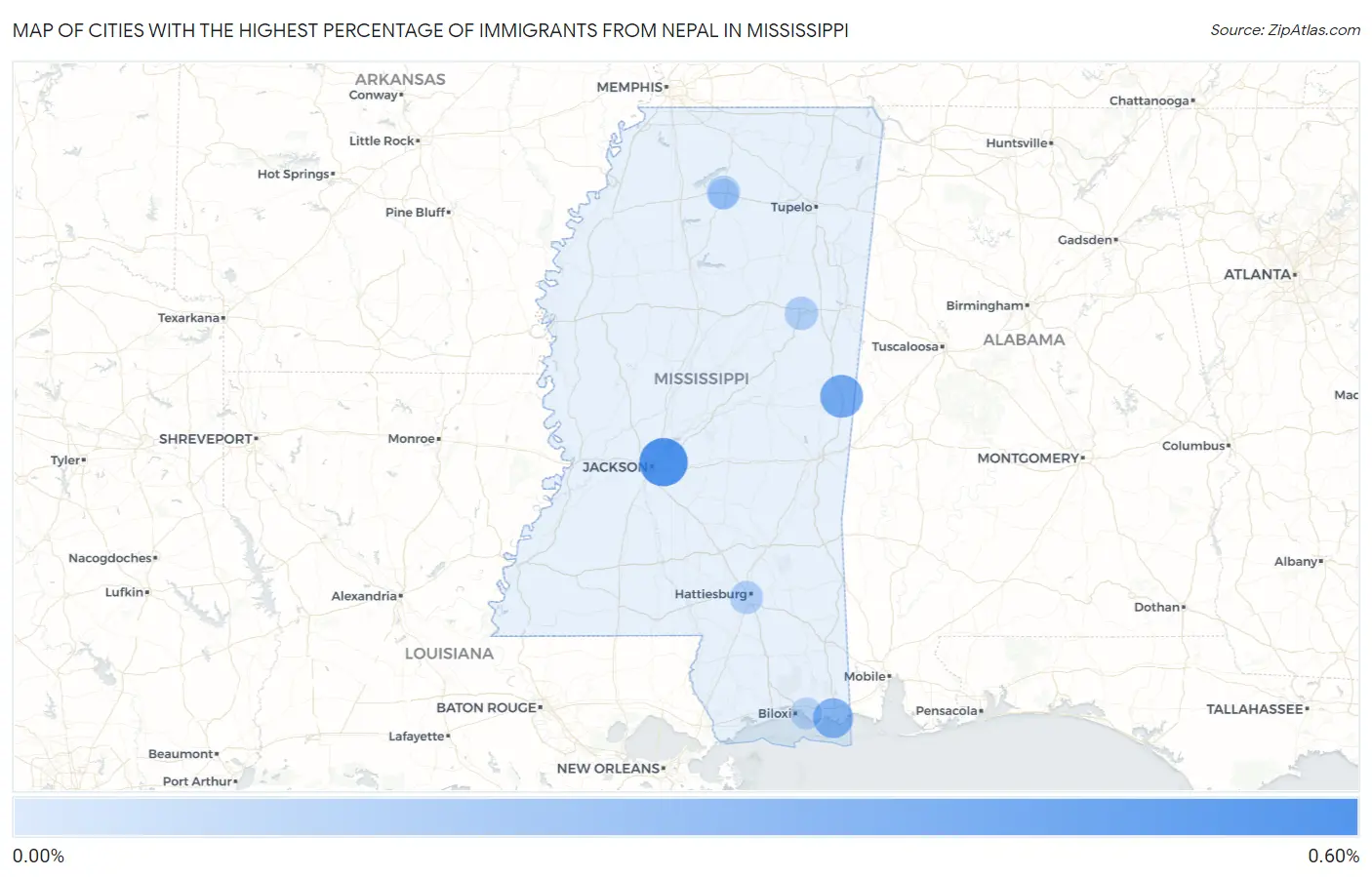 Cities with the Highest Percentage of Immigrants from Nepal in Mississippi Map