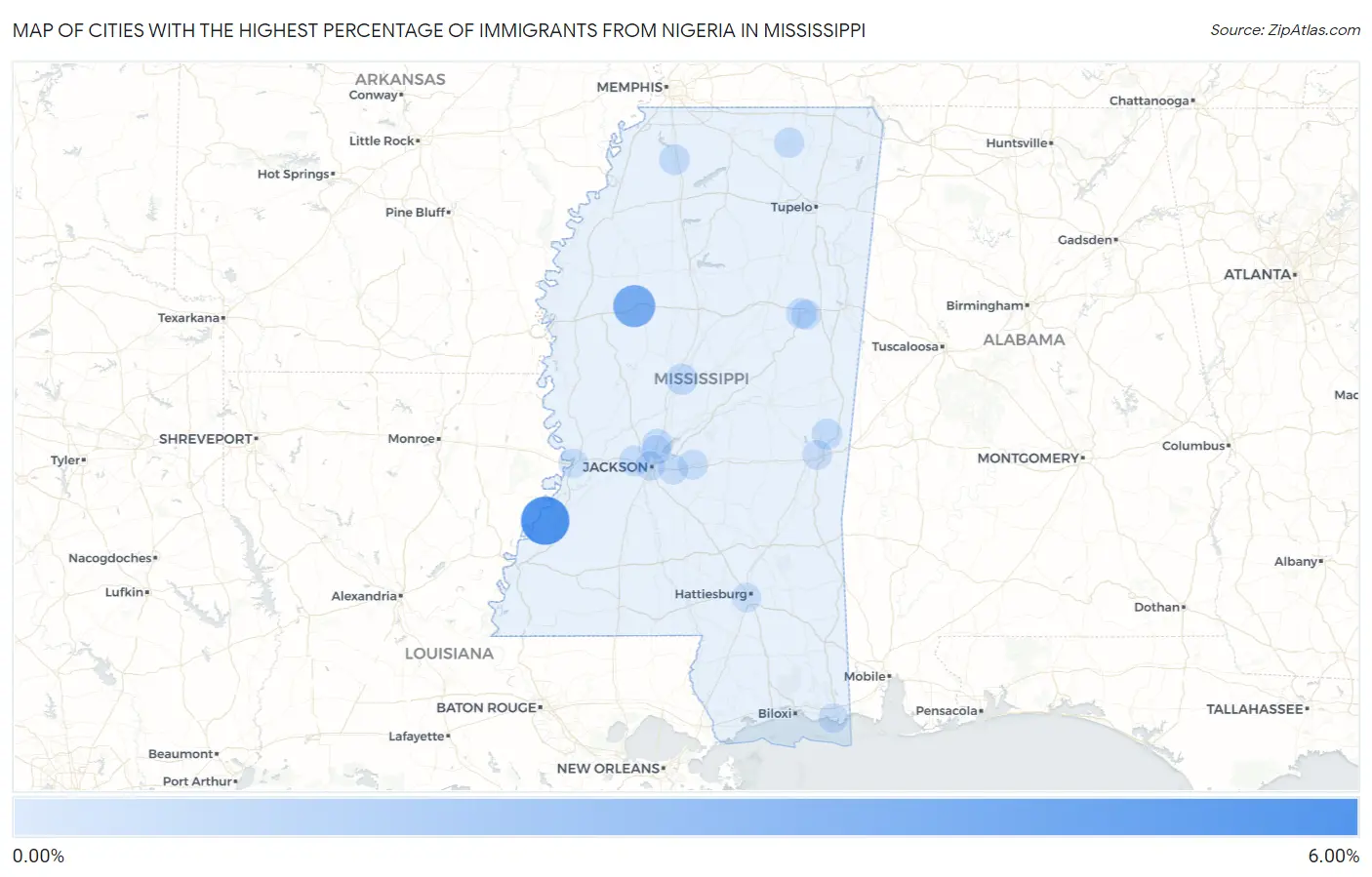 Cities with the Highest Percentage of Immigrants from Nigeria in Mississippi Map