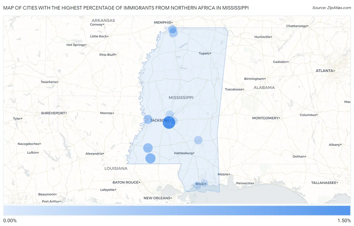 Cities with the Highest Percentage of Immigrants from Northern Africa in Mississippi Map