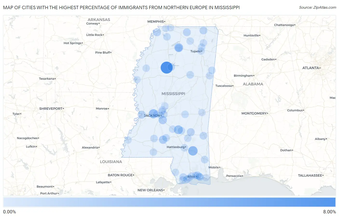 Cities with the Highest Percentage of Immigrants from Northern Europe in Mississippi Map