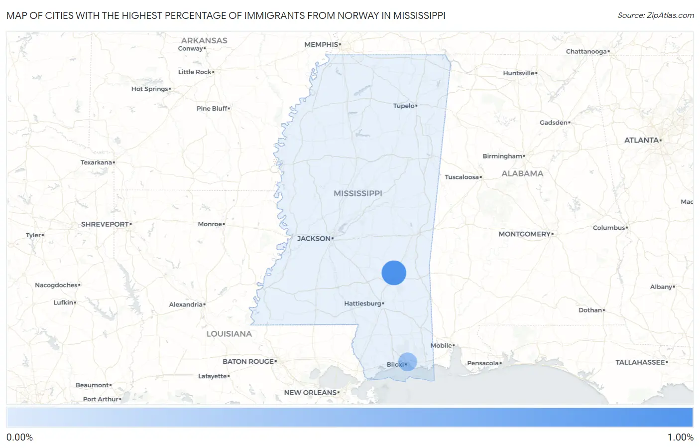 Cities with the Highest Percentage of Immigrants from Norway in Mississippi Map