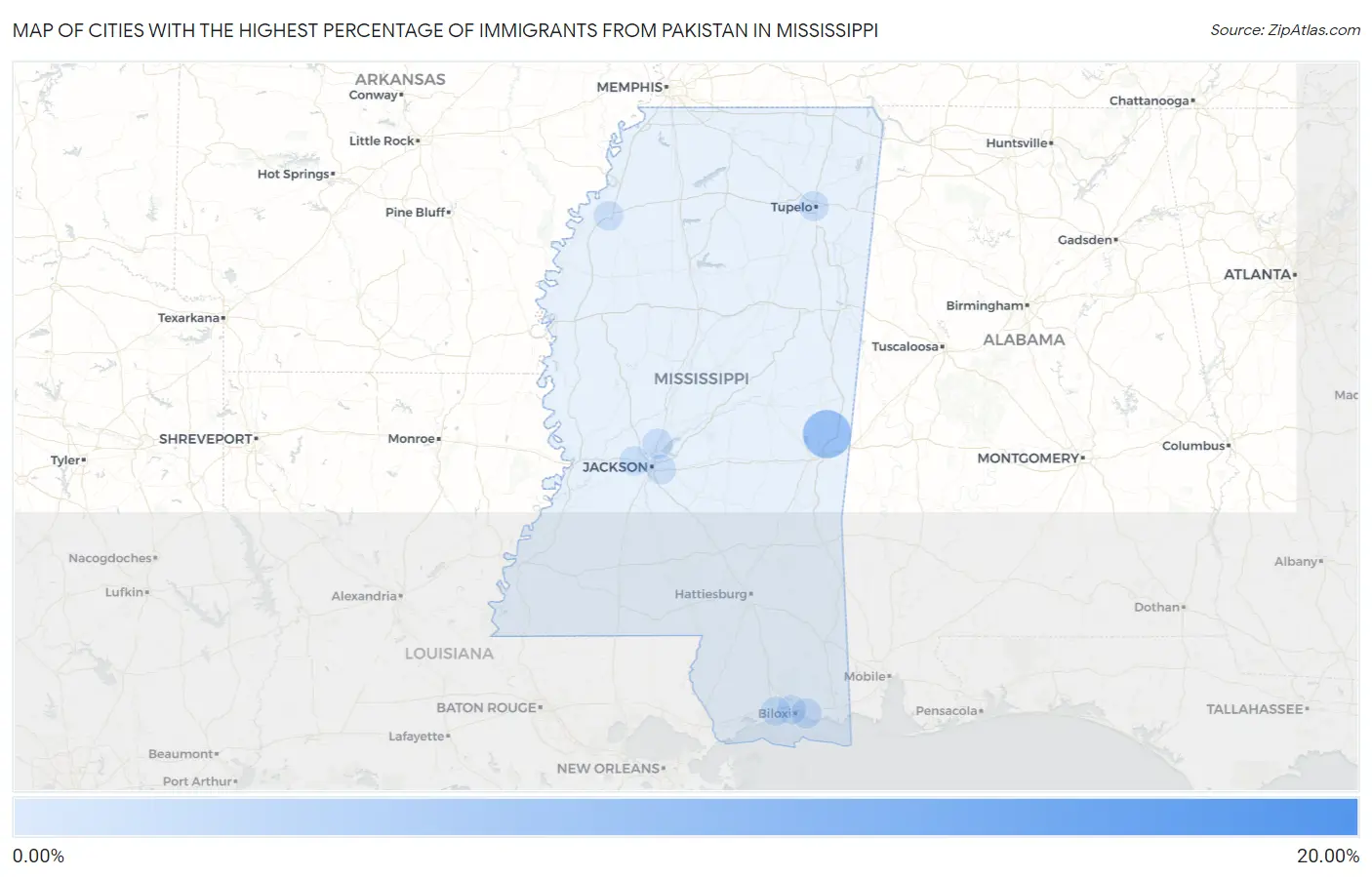 Cities with the Highest Percentage of Immigrants from Pakistan in Mississippi Map