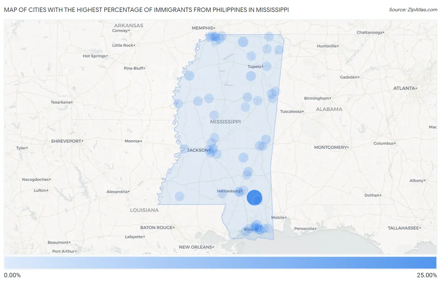 Cities with the Highest Percentage of Immigrants from Philippines in Mississippi Map