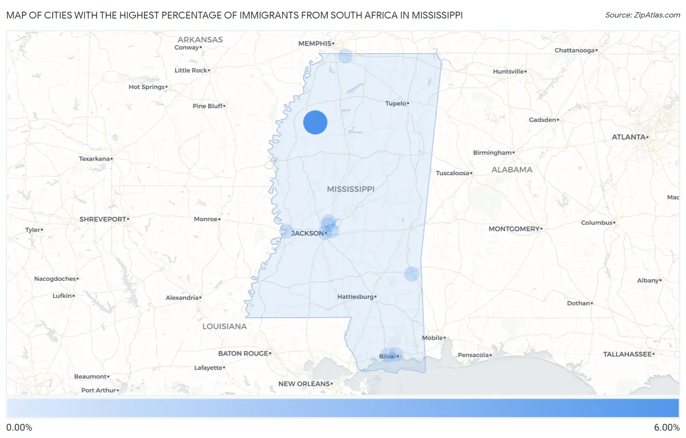 Cities with the Highest Percentage of Immigrants from South Africa in Mississippi Map