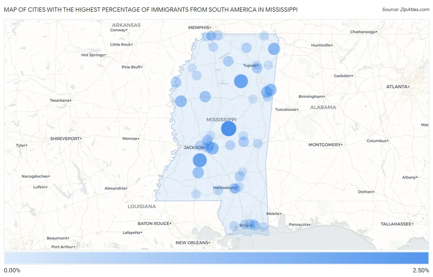 Cities with the Highest Percentage of Immigrants from South America in Mississippi Map