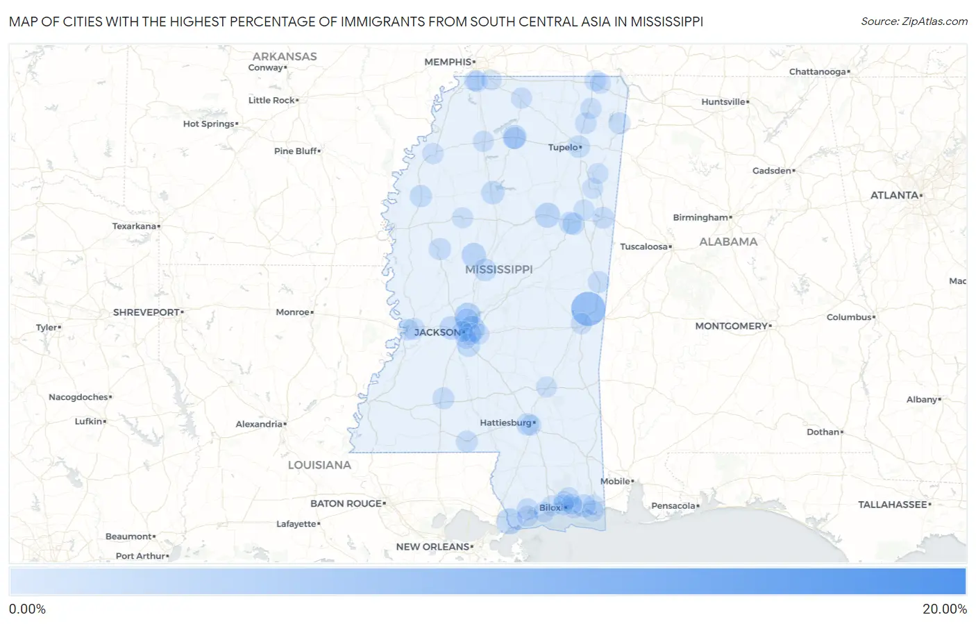Cities with the Highest Percentage of Immigrants from South Central Asia in Mississippi Map