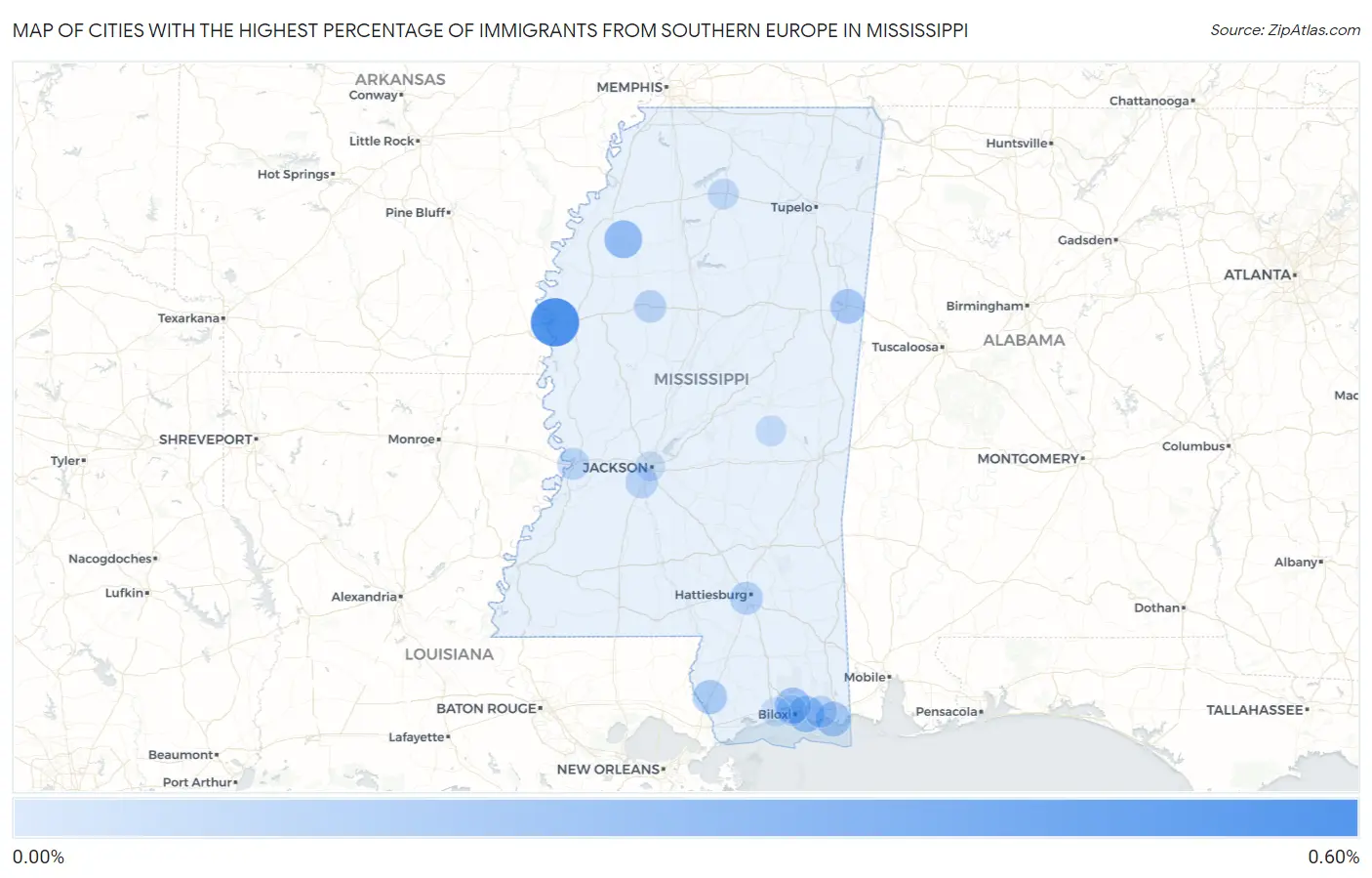 Cities with the Highest Percentage of Immigrants from Southern Europe in Mississippi Map