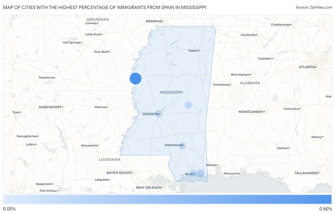 Cities with the Highest Percentage of Immigrants from Spain in Mississippi Map
