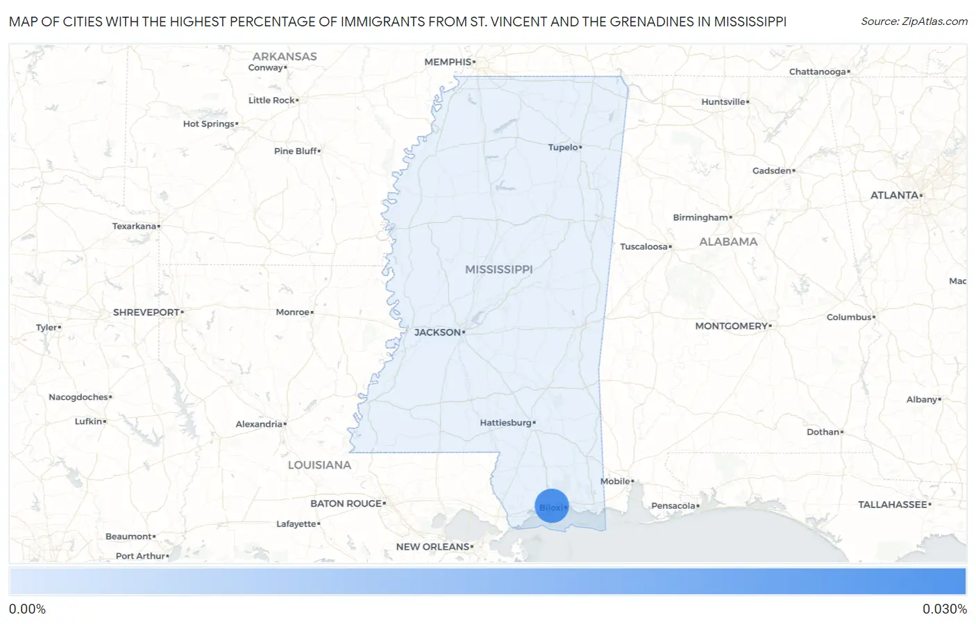 Cities with the Highest Percentage of Immigrants from St. Vincent and the Grenadines in Mississippi Map