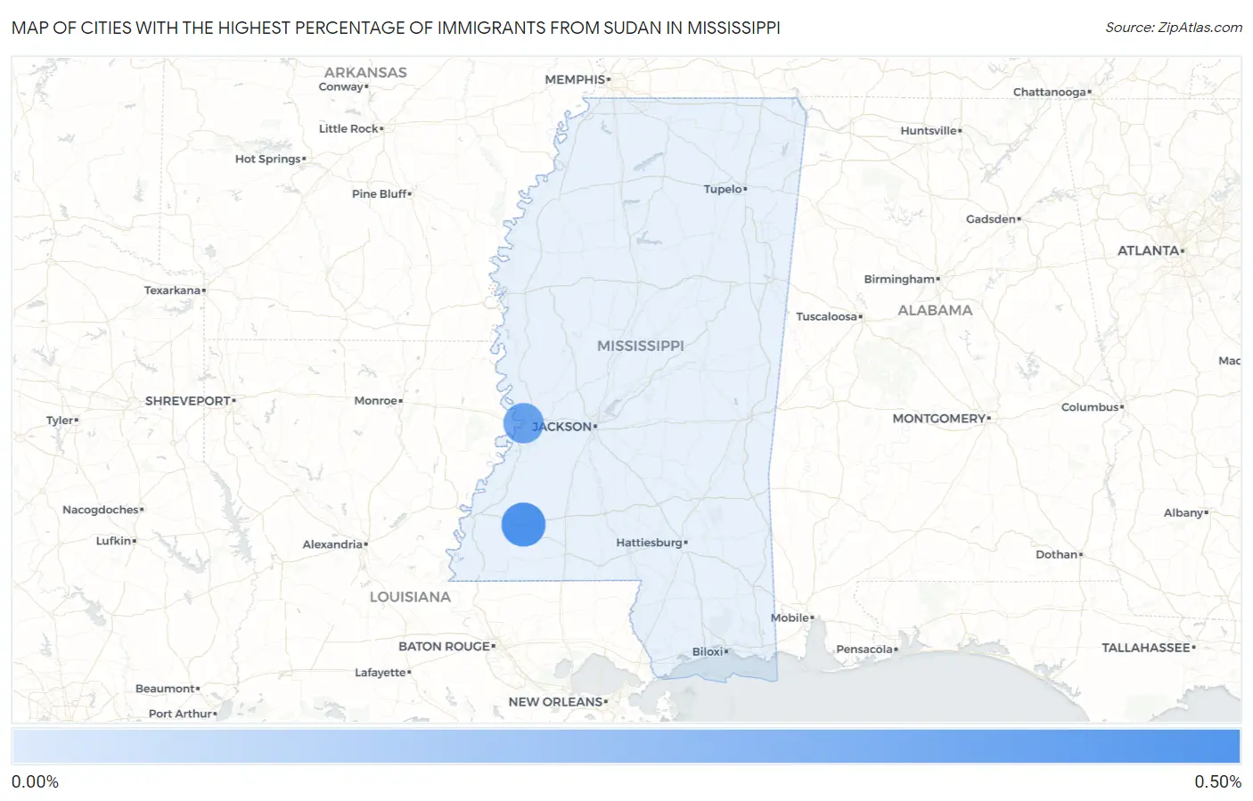 Cities with the Highest Percentage of Immigrants from Sudan in Mississippi Map