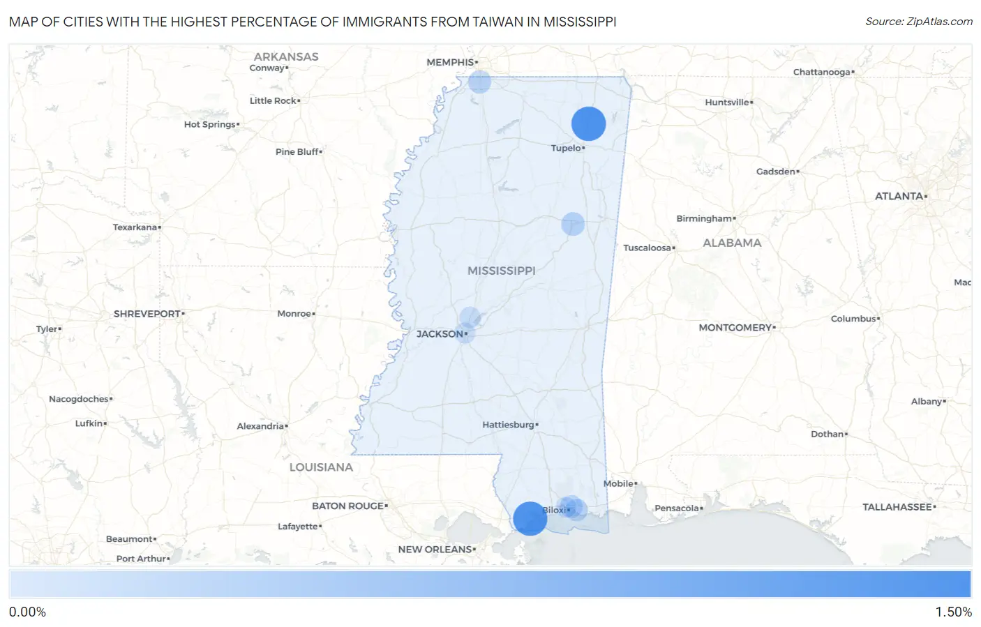 Cities with the Highest Percentage of Immigrants from Taiwan in Mississippi Map