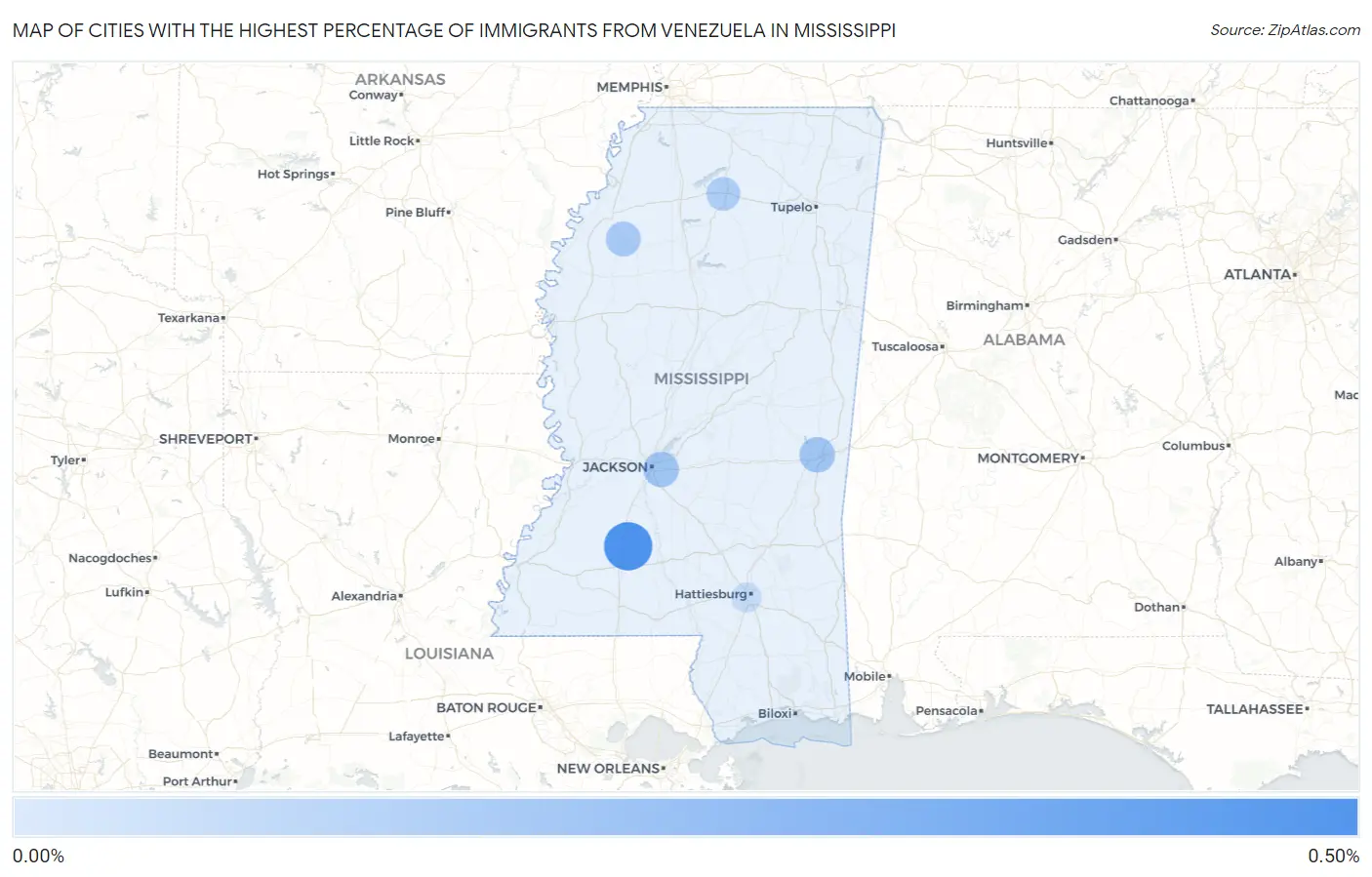 Cities with the Highest Percentage of Immigrants from Venezuela in Mississippi Map
