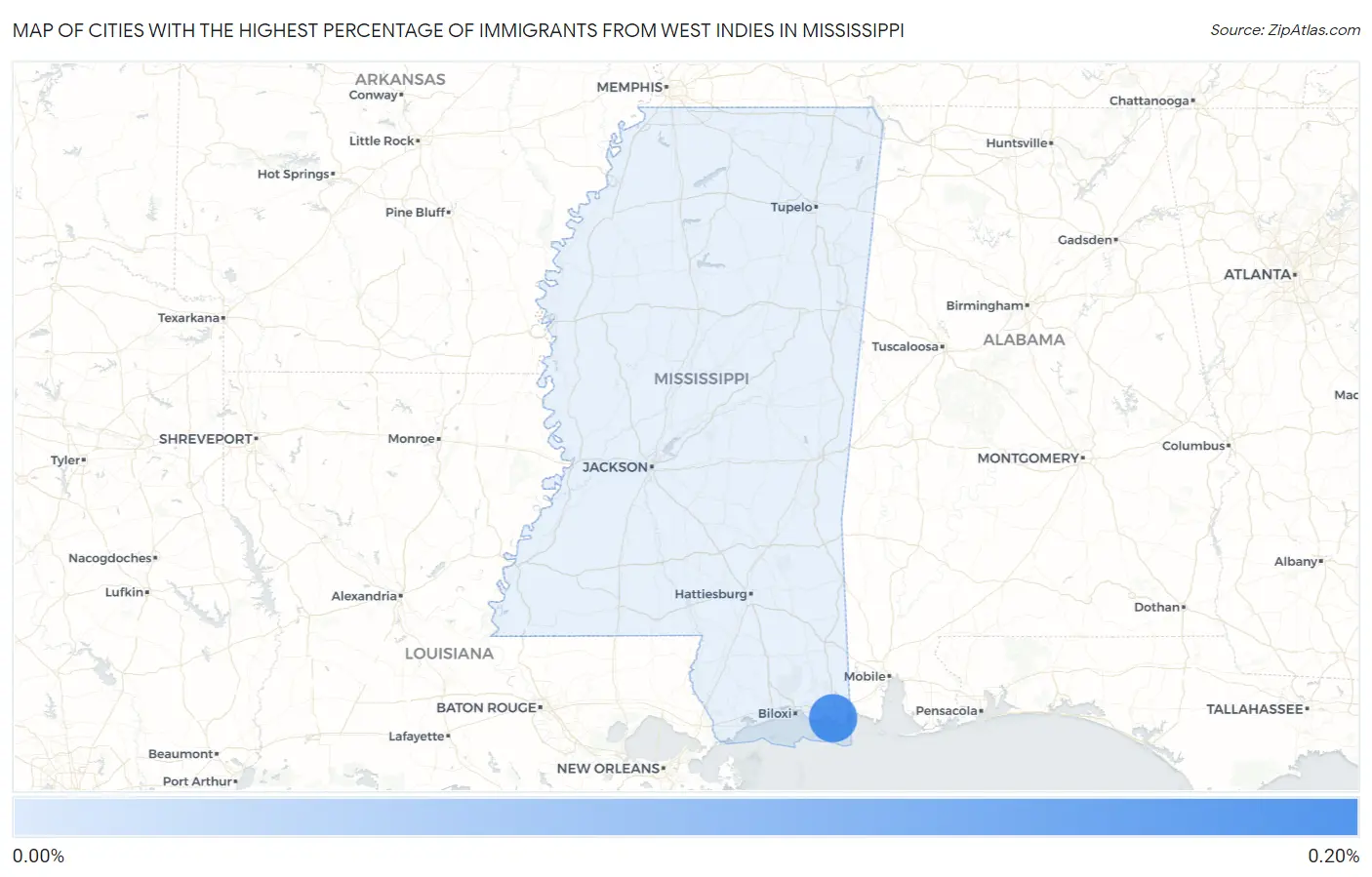 Cities with the Highest Percentage of Immigrants from West Indies in Mississippi Map