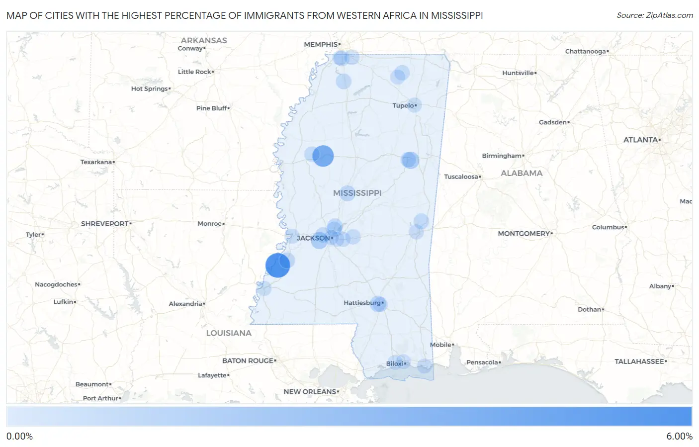 Cities with the Highest Percentage of Immigrants from Western Africa in Mississippi Map