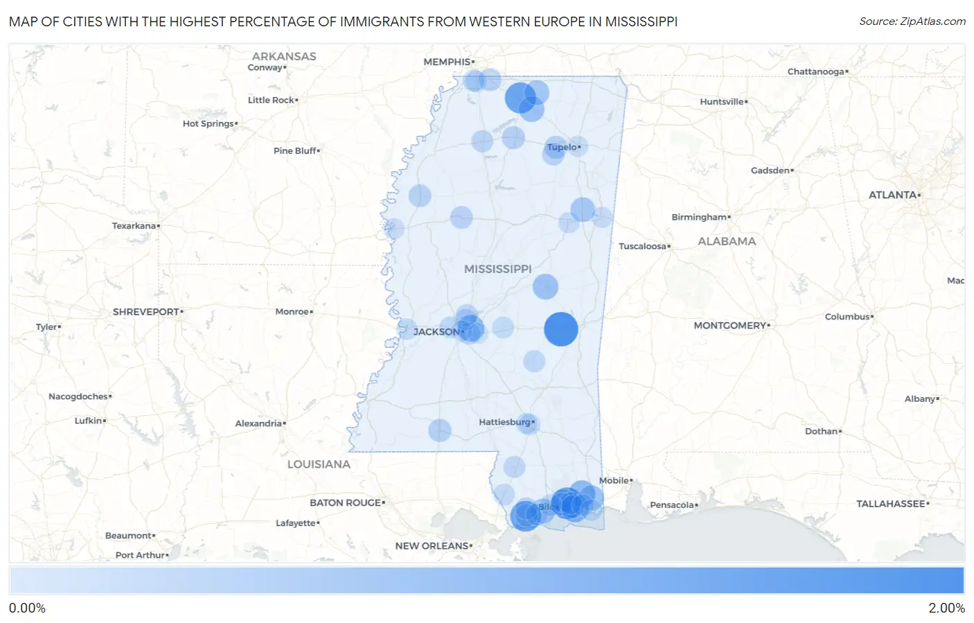 Cities with the Highest Percentage of Immigrants from Western Europe in Mississippi Map