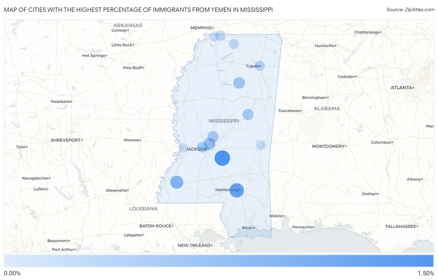 Cities with the Highest Percentage of Immigrants from Yemen in Mississippi Map