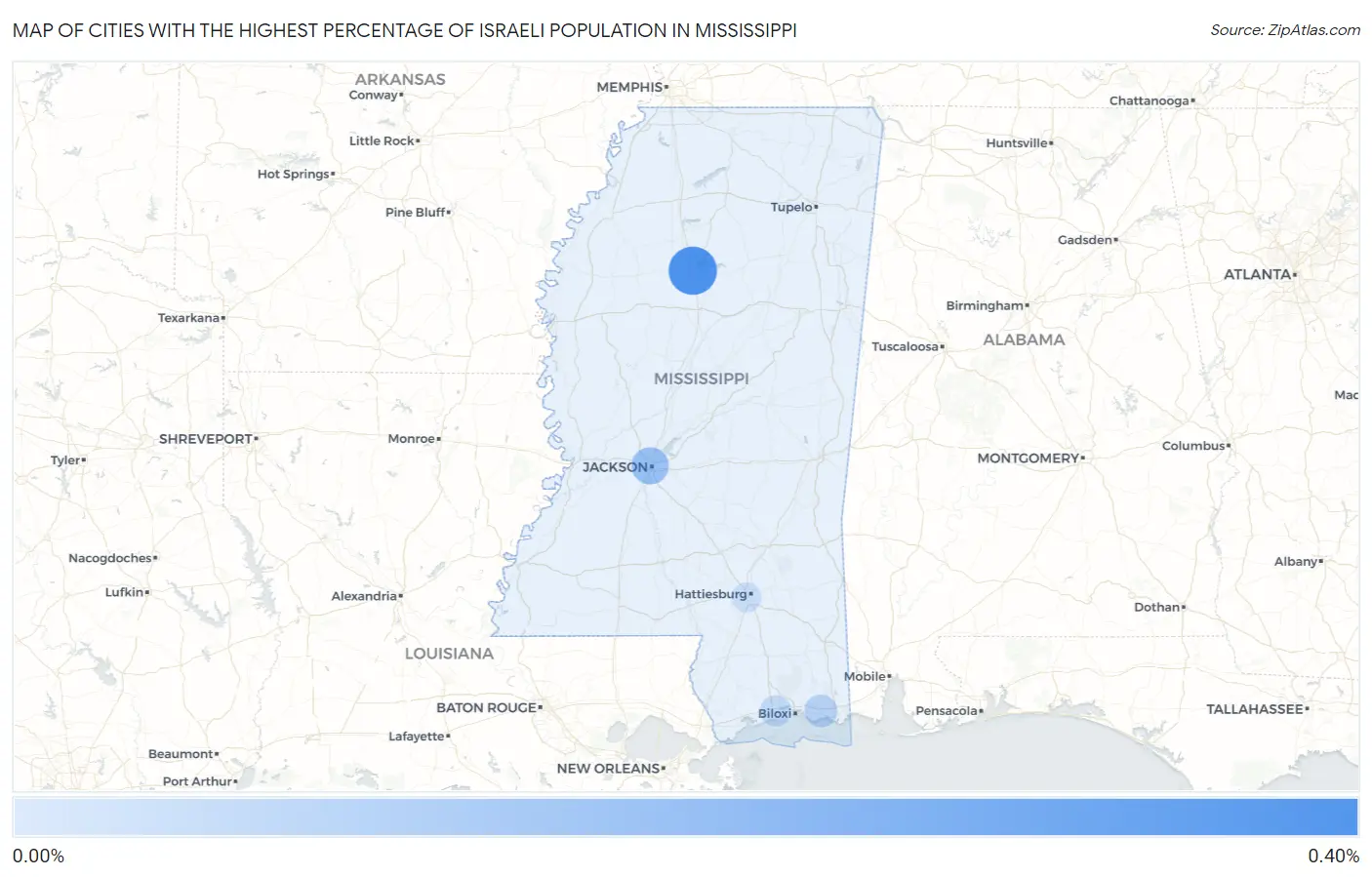 Cities with the Highest Percentage of Israeli Population in Mississippi Map