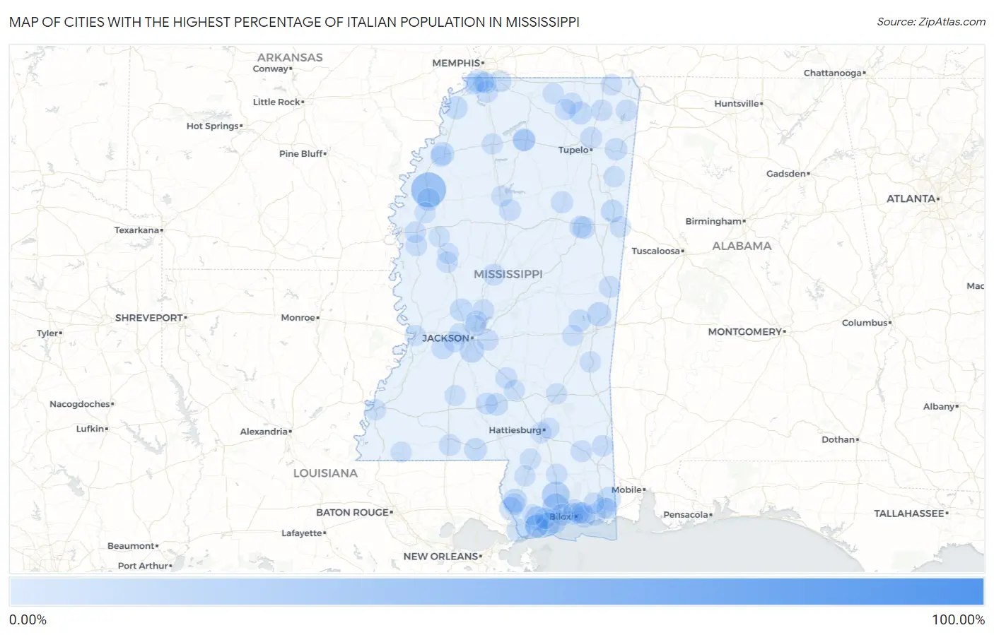 Cities with the Highest Percentage of Italian Population in Mississippi Map