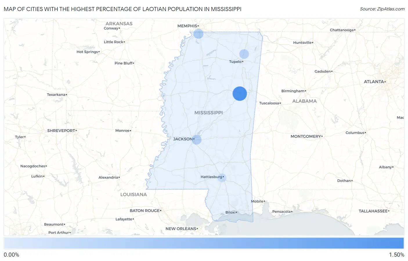 Cities with the Highest Percentage of Laotian Population in Mississippi Map